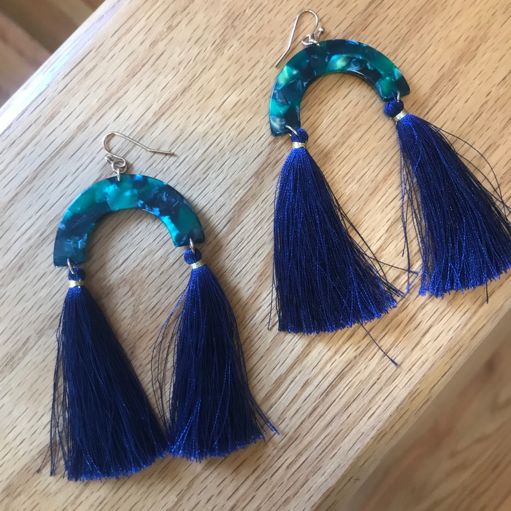 Emerald/ blue tassel earrings